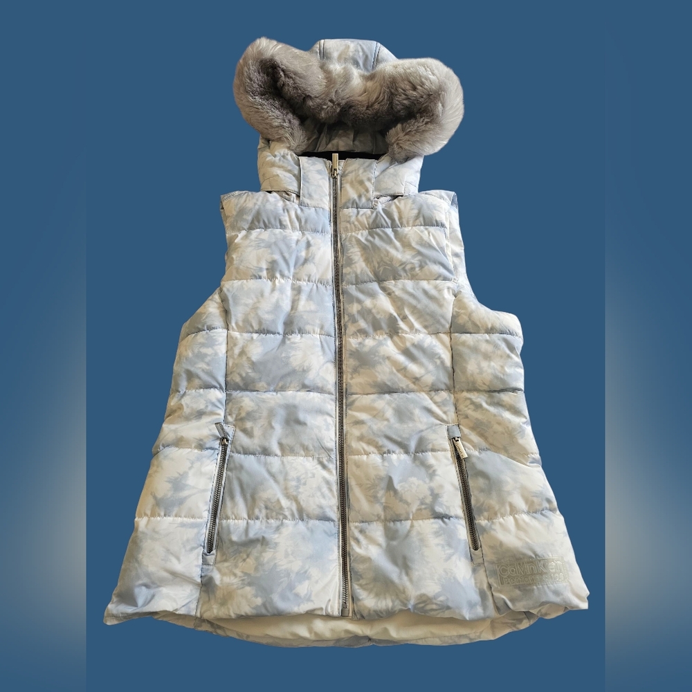 Calvin Klein Performance Puffer Quilted Blue Sky Tie Die Faux Fur Hood Vest Sz M